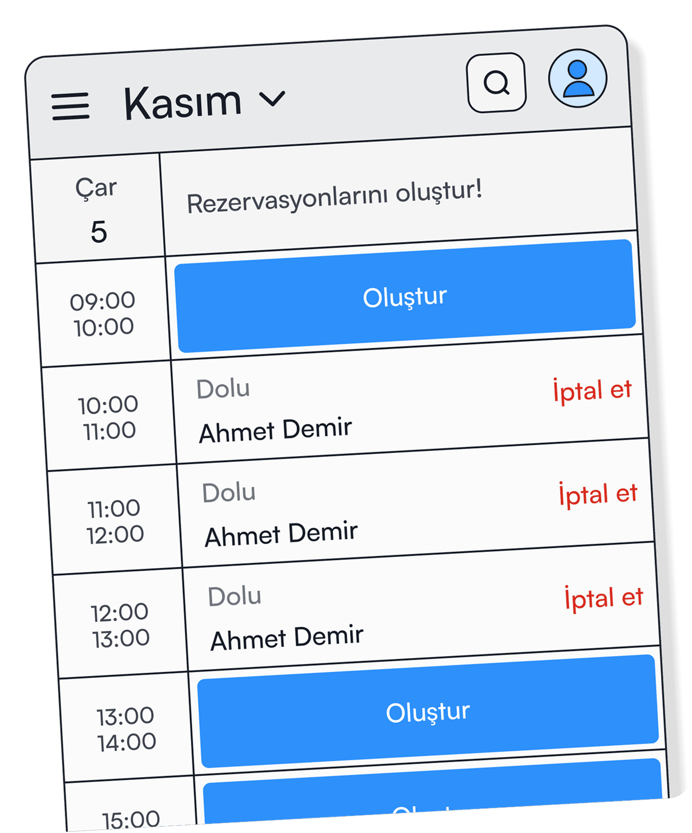 reservation calendar screen